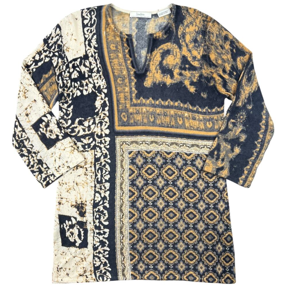 Neiman Marcus 100% Cashmere Tunic Sweater Black Tan Boho Oversized Luxury Top S